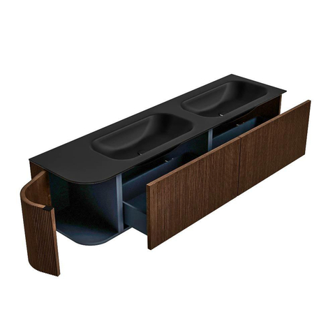MONDIAZ KURVE 175cm badmeubel met module 25 L kleur Walnut met 2 lades en 1 deur. Wastafel BIG SMALL dubbel / rechts zonder kraangat Urban. SW1138527