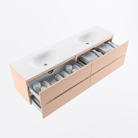 MONDIAZ Vica Ensemble meuble de salle de bains - 180cm - meuble bas rosee - 4 tiroirs - lavabo moon double - 2 trous de robinet - version haute 60cm - talc SW1080422