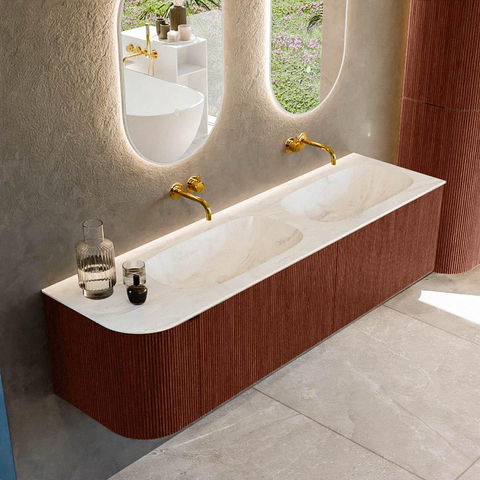 Mondiaz KURVE-DLUX Ensemble de meuble de salle de bains - 165x46x40cm - 2 tiroirs - 1 porte - lavabo solid surface - double / droite - sans trou de robinet - Ruby SW1415933