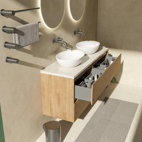 Saniclass Holz Atelier Badkamermeubelset - 140x45x63cm - Travertine natuurstenen topblad - zonder kraangat - 4 lades - mat eiken natural (hout) SW1478887