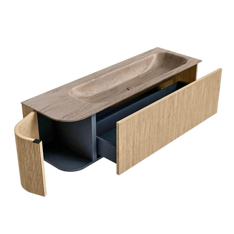MONDIAZ KURVE-DLUX Meuble de salle de bains 145cm arrondi à gauche couleur Chêne avec 1 tiroir et 1 porte. Lavabo BIG LARGE à droite 2 trous de robinet Saba. SW1433099