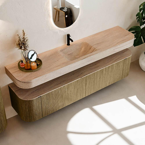 MONDIAZ THOR-DLUX 200cm meuble de salle de bains arrondi gauche + droite couleur Dusk avec 2 tiroirs et 2 portes. Vasque suspendue CLOUD Milieu 1 trou de robinet couleur Saba. SW1467228