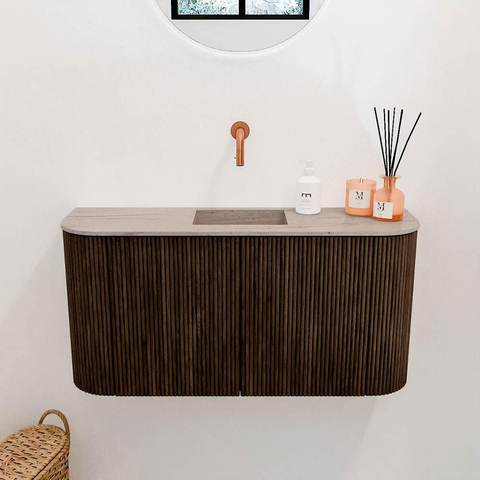 Mondiaz JOYA-DLUX 83.2cm meuble de salle de bains - arrondis gauche et droite couleur Walnut - Vasque FAYE position Milieu Sans trou de robinet couleur Saba. SW1424692