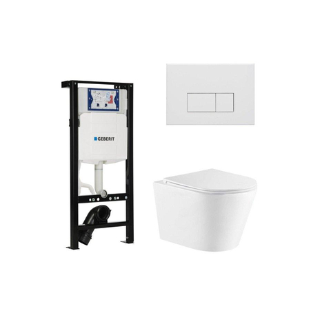 QeramiQ Dely Toiletset - 36.3x51.7cm - diepspoel - rimless - Geberit UP320 plieger inbouwreservoir - softclose toiletzitting - mat witte bedieningsplaat - rechtehoekige knoppen - glans wit SW1413233