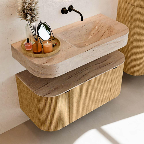 MONDIAZ THOR-DLUX Meuble de salle de bains 100cm arrondi gauche + droite couleur Oak avec 1 tiroir et 2 portes. Vasque suspendue CLOUD Droite sans trou de robinet couleur Saba. SW1467551