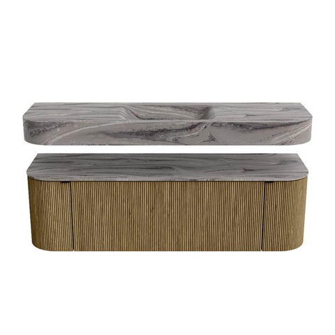 MONDIAZ THOR-DLUX 150cm meuble de salle de bains arrondi gauche + droite couleur Dusk avec 1 tiroir et 2 portes. Vasque suspendue CLOUD Milieu sans trou de robinet couleur Sombra. SW1464902