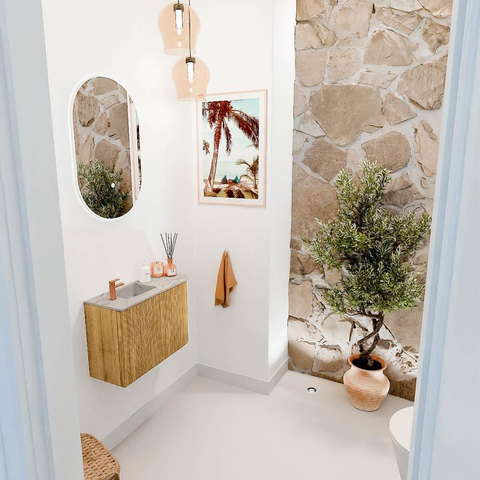 Mondiaz JOYA-DLUX 61.6cm toiletmeubel - ronding rechts kleur Oak - Wastafel FAYE positie Links 1 kraangat kleur Glace. SW1422013
