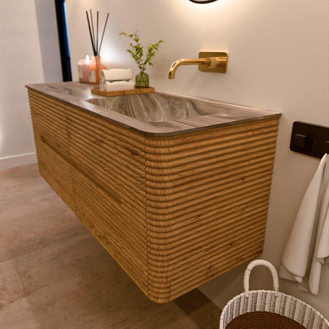 Mondiaz CIRO-DLUX Badkamermeubelset - 130x45x50cm - Solid surface wastafel Sombra - 1 wasbak Rechts - zonder kraangaten - 4 lades - Oak SW1531242