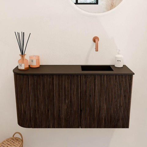 Mondiaz JOYA 81.6cm meuble de toilette - arrondi gauche couleur Walnut - Vasque FAYE position Droite Sans trou de robinet couleur Urban. SW1421351