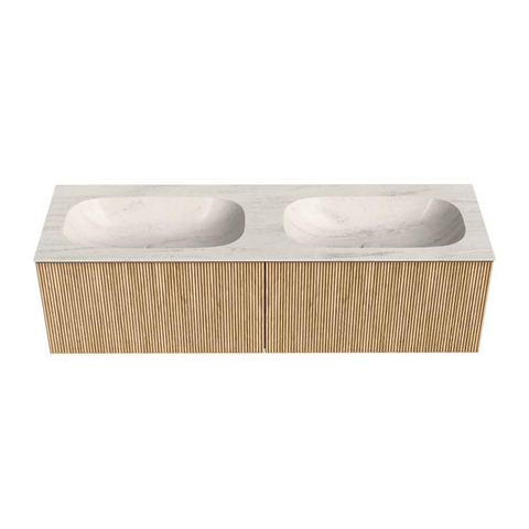 MONDIAZ KURVE-DLUX Meuble de salle de bains 150 cm couleur Oak avec 2 tiroirs et 0 portes. Lavabo STOR SMALL Double 2 trous de robinet Meli. SW1431651