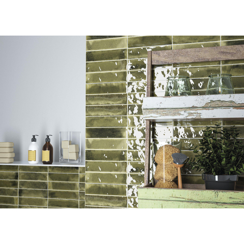 SAMPLE Terravito Giavelo wand- en vloertegel - 6x24.6cm - 8.4mm - Rechthoek - Overig - glans groen - Olive SW1601999