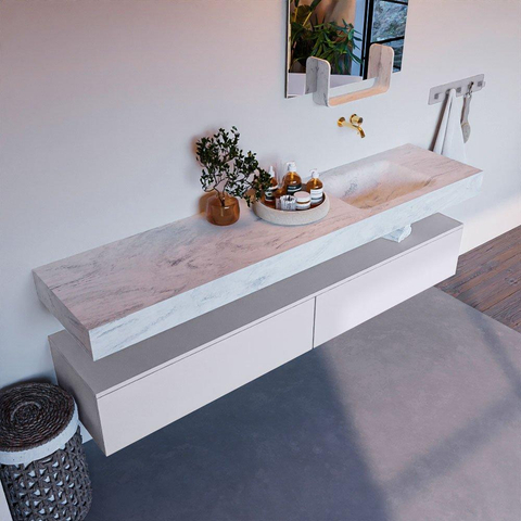Mondiaz ALAN-DLUX Ensemble de meuble - 200cm - meuble Cale mat - 2 tiroirs - Lavabo Cloud Opalo suspendu - vasque Droite - 0 trous de robinet SW806912