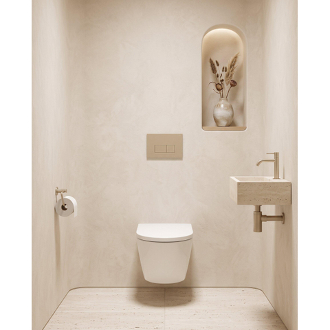 QeramiQ Dely Toiletset - 36.3x51.7cm - Geberit UP720 inbouwreservoir - rimless - diepspoel - 35mm zitting - softclose - bedieningsplaat taupe - rechthoekige knoppen - glans wit SW1428159