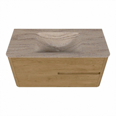 Mondiaz CIRO-DLUX Meuble de salle de bains - 100x45x50cm - Plan vasque Solid surface Saba - 1 lavabo au milieu - 1 trou de robinet - 2 tiroirs - Chêne SW1531172