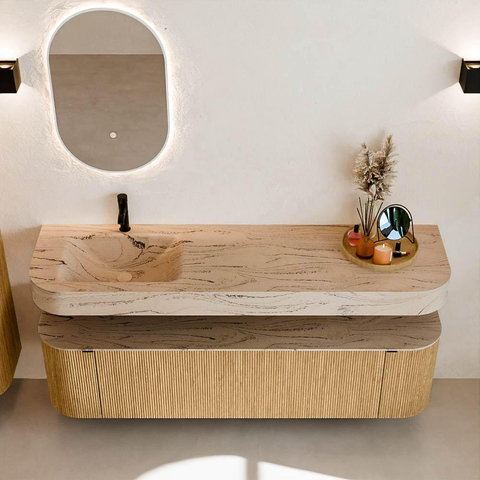MONDIAZ THOR-DLUX 170cm badmeubel ronding links + rechts kleur Oak met 1 lade en 2 deuren. Vrijhangende wastafel CLOUD Links 1 kraangat kleur Arena. SW1465801