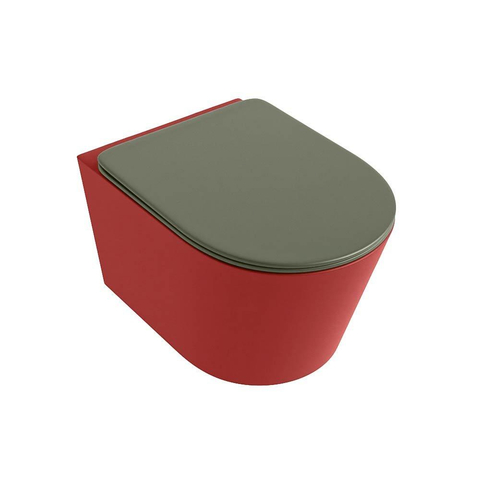 Mondiaz LAVIE hangtoilet – spoelrandloos – 36 x 53 cm – met softclose zitting – Fire (rood), zitting Army (groen) SW1208571