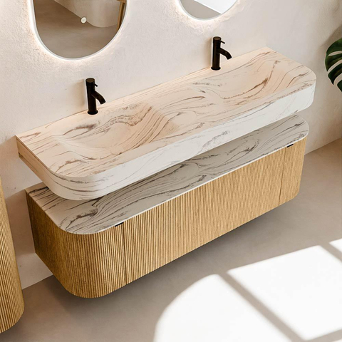 MONDIAZ THOR-DLUX 150cm meuble de salle de bains arrondi gauche + droite couleur Oak avec 1 tiroir et 2 portes. Vasque suspendue CLOUD Double 2 trous de robinet couleur Nata. SW1467675