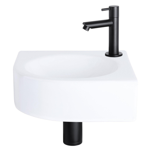 Differnz Cleo fonteinset - 30x30x10cm - Kwartrond - 1 kraangat - Recht matte zwarte kraan - Keramiek Wit OUTLETSTORE STORE39635