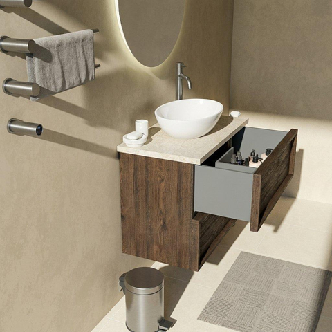 Saniclass Holz Frame Ensemble de meubles de salle de bains - 80x45x63cm - Plan de travail en pierre naturelle travertin - 1 trou de robinet - 2 tiroirs - chêne charbon mat (bois) SW1580030