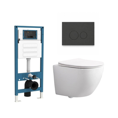 QeramiQ Dely Swirl Compact Ensemble WC - réservoir encastré QeramiQ flush - abattant slim - plaque de commande en plastique anthracite mat - boutons ronds - blanc brillant SW1590518