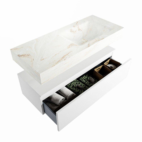 Mondiaz ALAN-DLUX Ensemble de meuble - 110cm - meuble Talc mat - 1 tiroir - Lavabo Cloud Frappe suspendu - vasque Droite - 1 trou de robinet SW805017