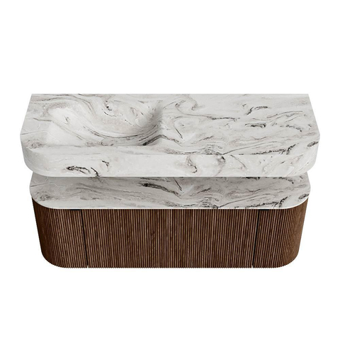 MONDIAZ THOR-DLUX 130cm meuble de salle de bains arrondi gauche + droite couleur Walnut avec 1 tiroir et 2 portes. Vasque suspendue CLOUD Gauche sans trou de robinet couleur Glace. SW1463592