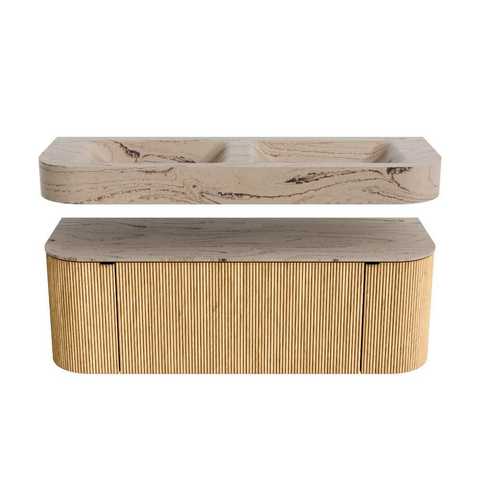 MONDIAZ THOR-DLUX 130cm meuble de salle de bains arrondi gauche + droite couleur Oak avec 1 tiroir et 2 portes. Vasque suspendue CLOUD Double sans trou de robinet couleur Arena. SW1463750