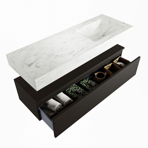 Mondiaz ALAN-DLUX Ensemble de meuble - 130cm - meuble Urban mat - 1 tiroir - Lavabo Cloud Opalo suspendu - vasque Droite - 1 trou de robinet SW806427