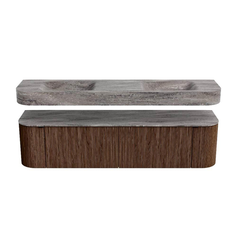 MONDIAZ THOR-DLUX 180cm badmeubel ronding links + rechts kleur Walnut met 2 lades en 2 deuren. Vrijhangende wastafel CLOUD Dubbel zonder kraangat kleur Oza. SW1466300