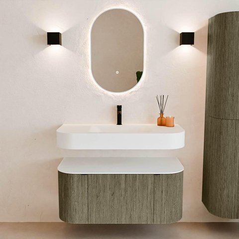 MONDIAZ THOR 100cm meuble de salle de bains arrondi gauche + droite couleur Shadow avec 1 tiroir et 2 portes. Vasque suspendue CLOUD Milieu 1 trou de robinet couleur Talc. SW1467430