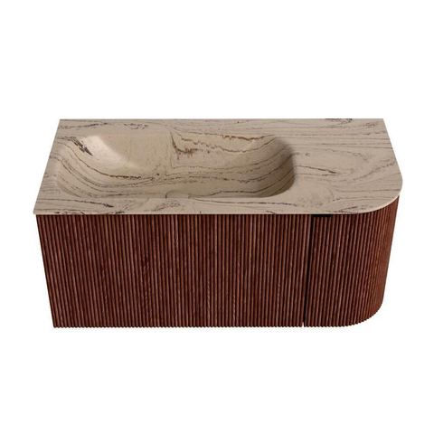 MONDIAZ KURVE-DLUX Meuble de salle de bains 95cm arrondi à droite couleur Ruby avec 1 tiroir et 1 porte. Lavabo BIG SMALL à gauche 1 trou de robinet Arena. SW1431499
