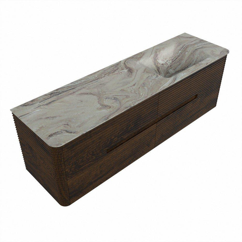 Mondiaz CIRO-DLUX Badkamermeubelset - 160x45x50cm - Solid surface wastafel Glace - 1 wasbak Rechts - 1 kraangat - 4 lades - Walnut SW1530207