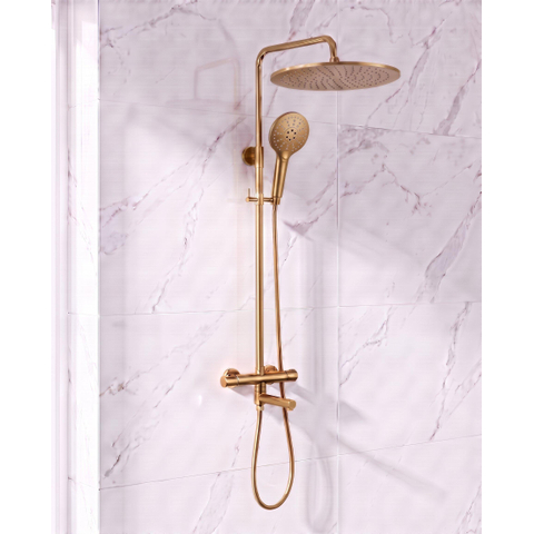 Fortifura Calvi Regendoucheset - thermostatisch - 30cm hoofddouche - gladde slang - ronde handdouche - draaibare baduitloop - Geborsteld Messing PVD (Goud) SW1592520