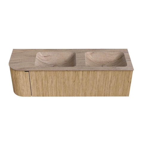 MONDIAZ KURVE-DLUX Meuble de salle de bains 145 cm arrondi à gauche couleur Chêne avec 1 tiroir et 1 porte. Lavabo LEAF Double / Droite 2 trous de robinet Saba. SW1433107