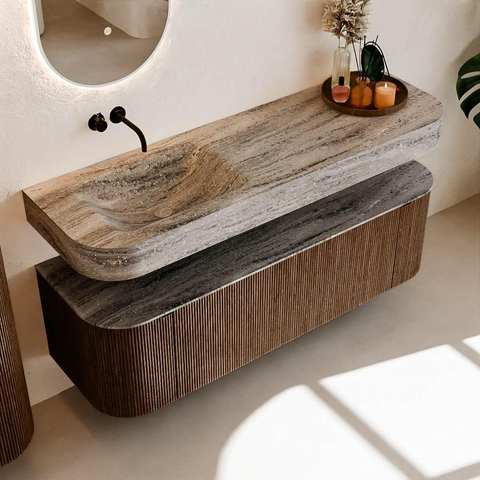 MONDIAZ THOR-DLUX 150cm badmeubel ronding links + rechts kleur Walnut met 1 lade en 2 deuren. Vrijhangende wastafel CLOUD Links zonder kraangat kleur Oza. SW1464836