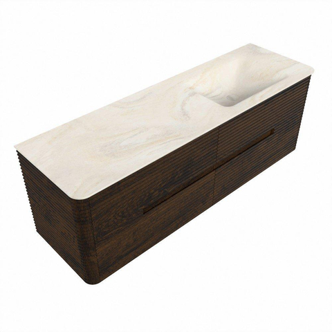 Mondiaz CIRO-DLUX Badkamermeubelset - 150x45x50cm - Solid surface wastafel Ostra - 1 wasbak Rechts - zonder kraangaten - 4 lades - Walnut SW1530370