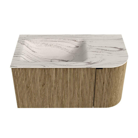 MONDIAZ KURVE-DLUX Meuble de salle de bains 85cm courbe Droite couleur Dusk avec 1 tiroir et 1 porte. Lavabo CLOUD Gauche 1 trou de robinet Nata. SW1432364