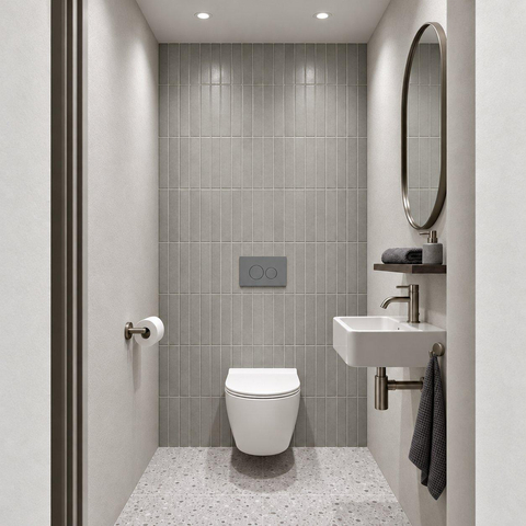 Adema Salina 2.0 Toiletset - 48.5x36x32cm - diepspoel - spoelrandloos - QeramiQ inbouwreservoir - softclose - quickrelease - toiletzitting - licht grijze kunststof bedieningsplaat - ronde knoppen - wit SW1474581