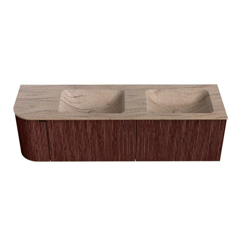 MONDIAZ KURVE-DLUX Meuble de salle de bains 155cm arrondi à gauche couleur Ruby avec 2 tiroirs et 1 porte. Lavabo LEAF Double / À droite 2 trous de robinet Saba. SW1433503