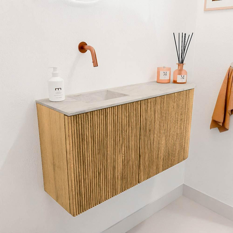 Mondiaz JOYA-DLUX 81.6cm toiletmeubel - ronding rechts kleur Oak - Wastafel FAYE positie Links Zonder kraangat kleur Ostra. SW1422272