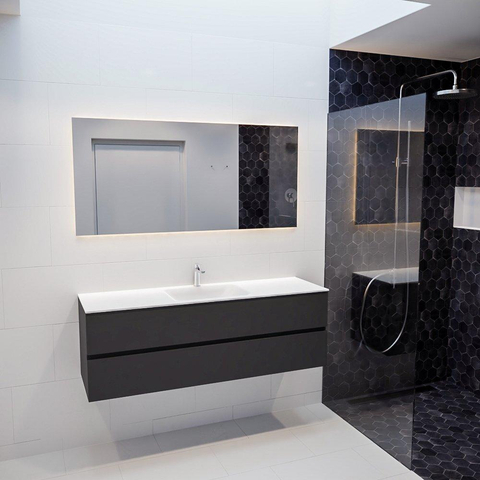 MONDIAZ VICA Ensemble de meuble salle de bain - 150cm - 2 tiroirs - lavabo Cloud central - 1 trou de robinet - solid surface gris foncé SW409785