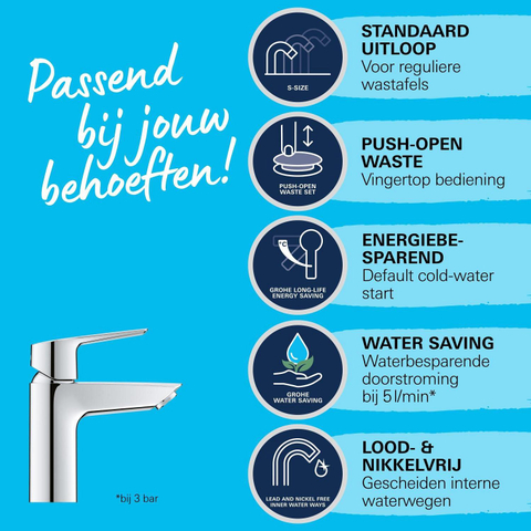 Grohe Start QuickFix Wastafelmengkraan - opbouw - 10.9cm uitloop - S-size - push to open waste - chroom OUTLETSTORE STORE41732