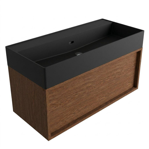 Saniclass Holz Frame Badkamermeubelset - 100x45x52cm - Legend keramische wastafel mat zwart - 1 wasbak - zonder kraangat - 1 lade - mat walnut pure (hout) SW1579682