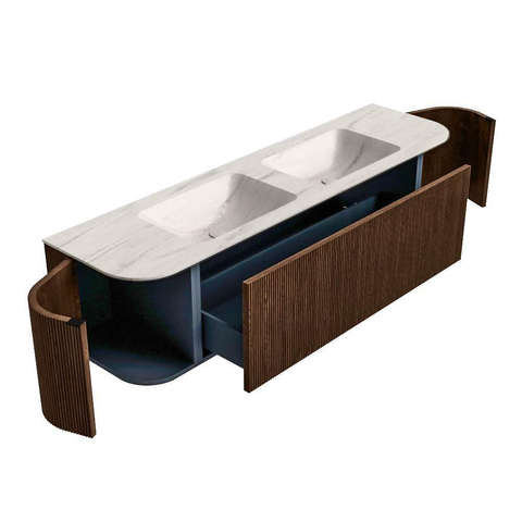 MONDIAZ KURVE-DLUX Meuble de salle de bains 170cm arrondi gauche + droit couleur Walnut avec 1 tiroir et 2 portes. Plan-vasque LEAF Double sans trou de robinet Meli. SW1431715