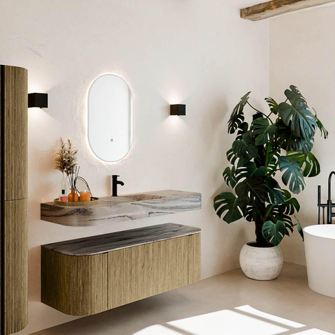 MONDIAZ THOR-DLUX 130cm meuble de salle de bains arrondi gauche + droite couleur Dusk avec 1 tiroir et 2 portes. Vasque suspendue CLOUD Milieu 1 trou de robinet couleur Sombra. SW1464085