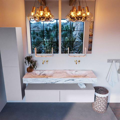 Mondiaz ALAN-DLUX Ensemble de meuble - 150cm - meuble Cale mat - 2 tiroirs - Lavabo Cloud Glace suspendu - vasque Gauche et droite - 0 trous de robinet SW805875