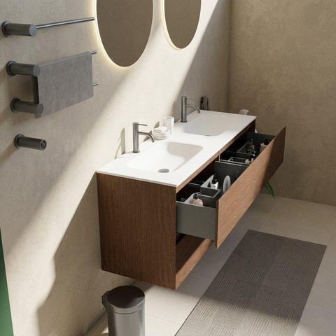 Saniclass Holz Pure Badkamermeubelset - 140x45x61.5cm - Flow solid surface wastafel wit - 2 wasbakken - 2 kraangaten - 4 lades - mat walnut pure (hout) SW1478444