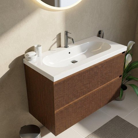 Saniclass Holz Atelier Ensemble meuble de salle de bains - 100x45x63.5cm - Lavabo en céramique Palermo blanc - 1 vasque - 1 trou de robinetterie - 2 tiroirs - walnut pure mat (bois) SW1478614