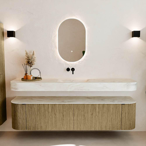 MONDIAZ THOR-DLUX 190cm meuble de salle de bains arrondi gauche + droite couleur Dusk avec 2 tiroirs et 2 portes. Vasque suspendue CLOUD Milieu sans trou de robinet couleur Ostra. SW1466472