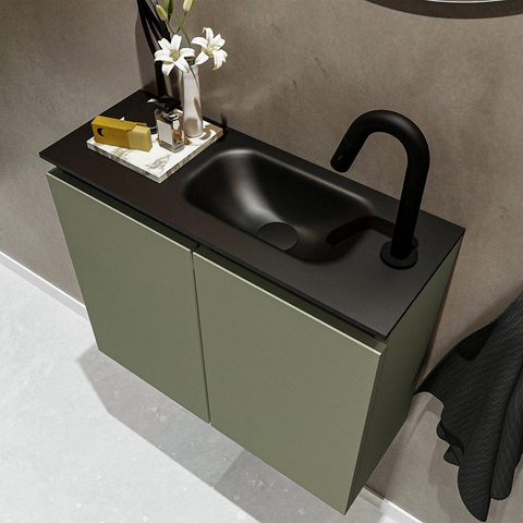 MONDIAZ TURE Kit lave-mains - 60x23x50cm - 1 trou de robinet - 2 portes - armée mate - Lavabo à droite - Solid Surface Noir SW475328